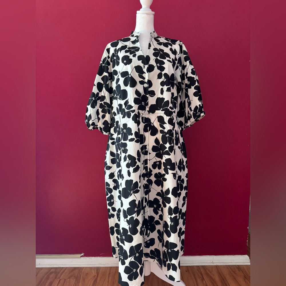 Black & White Floral Midi Dress with Button Front